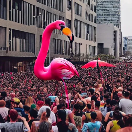 Image similar to photo of a giant flamingo attacking a city with crowd running away