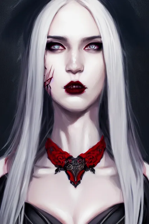 Prompt: Portrait of seductive female necromancer, D&D, revealing stylish dress, red eyes, dark eyeshadow, choker on neck, long blonde hair, mouth slightly open, slight nerdy smile, fantasy, intricate, elegant, highly detailed, digital painting, artstation, concept art, smooth, sharp focus, illustration, art by artgerm and greg rutkowski and alphonse mucha