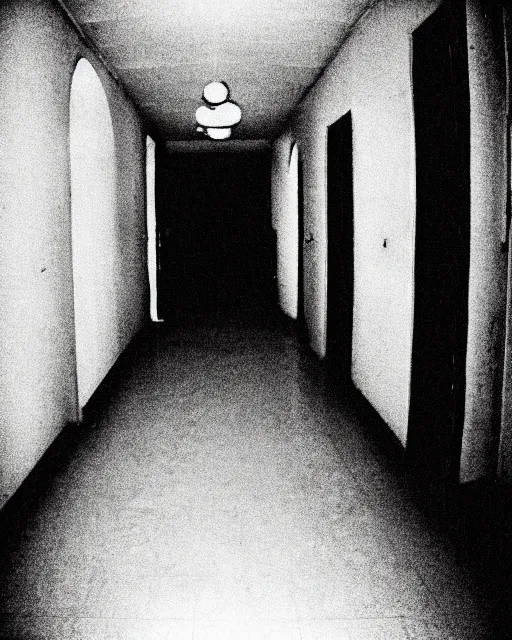 Image similar to an amateur disposable camera picture of a ghost in a hallway