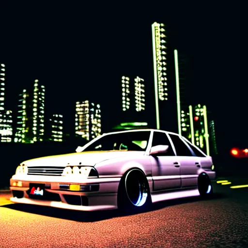 Prompt: a car JZX90 turbo drift at illegal car meet, Chiba prefecture, city midnight mist lights, cinematic color, photorealistic, highly detailed wheels