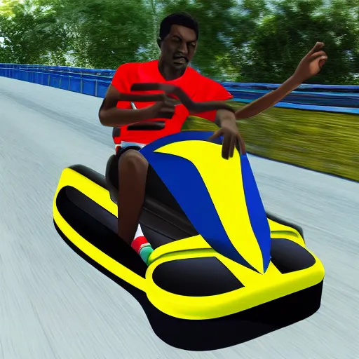 Image similar to Jamaican man, in go-kart, chased by police, digital art