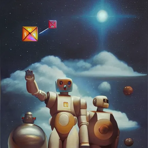 Image similar to a painting by ralph mcquarrie of floating molecules and a robot artist holding an icosahedron with stars, clouds, and rainbows in the background, trending on artstation, masterpiece, incredible details