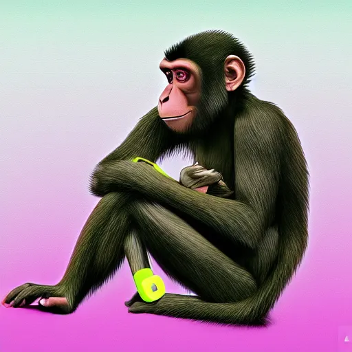 Image similar to a grumpy monkey listening to music with airpods, his family are trying to talk to him but he cannot hear them, digital art