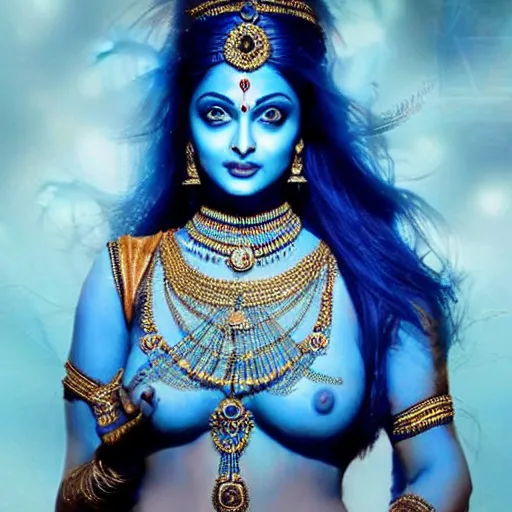 Image similar to aishwarya rai as a blue - skinned indian goddess with six arms, symmetric, aesthetic!!!, cosplay, studio lighting, beautiful symmetric face, clean composition, highly symmetric body parts, gazing eyes, blue skin, blue body paint