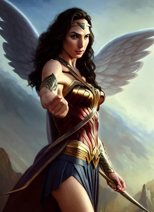 Prompt: gal gadot as an angel, deep focus, d & d, fantasy, intricate, elegant, highly detailed, digital painting, artstation, concept art, matte, sharp focus, illustration, hearthstone, art by artgerm and greg rutkowski and alphonse mucha