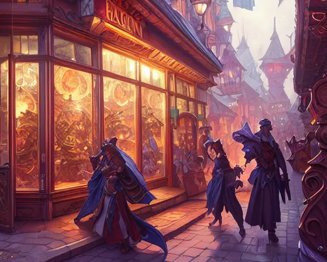 Image similar to shop front, window, magic items, busy street, deep focus, d & d, fantasy, intricate, elegant, highly detailed, digital painting, artstation, concept art, matte, sharp focus, illustration, hearthstone, art by artgerm and greg rutkowski and alphonse mucha