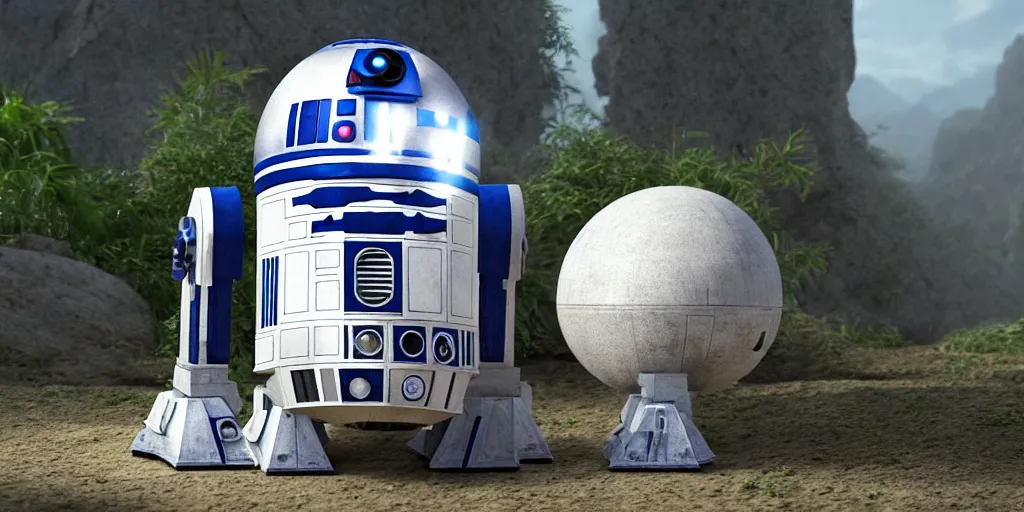 Image similar to R2D2 from Star wars, Landscape of Pandora, ultra realistic , HD, cinematic, Diffusion shading