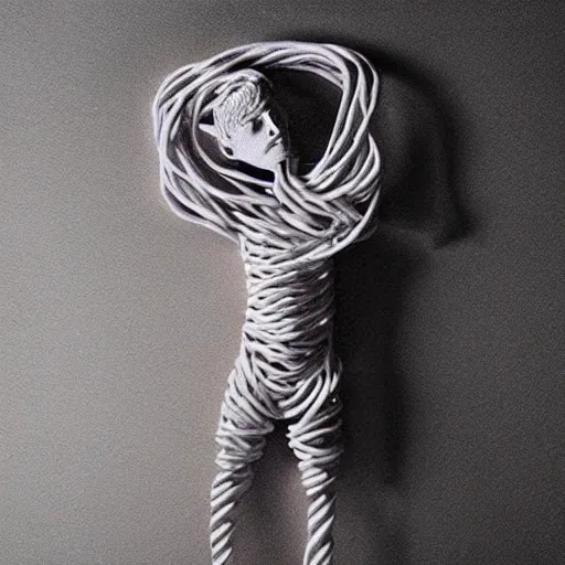 Prompt: a person made out of usb cables, body shot, realistic shot, intricate details, ultra - realistic, atmospheric shot.