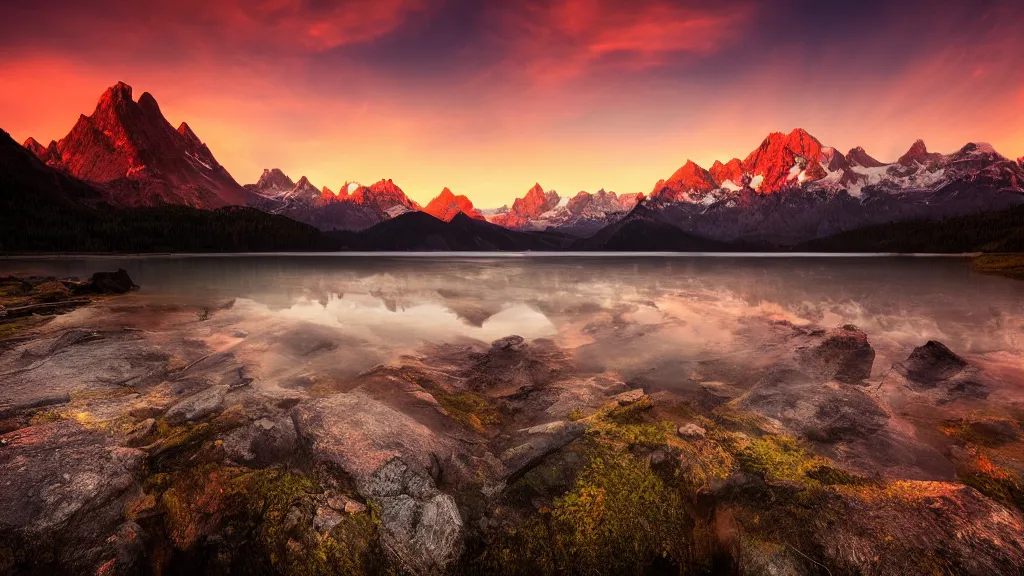 Image similar to amazing landscape photo of mountains with lake in sunset by marc adamus, beautiful dramatic lighting