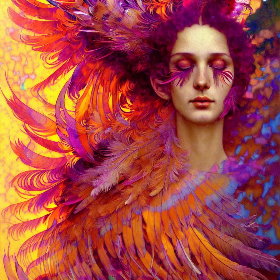 Image similar to face of innocent psychedelic transcendent feather mind bending psychedelic wings of glossy liquid honey flowing like kaleidoscopic translucent holograph, lsd feathers, feathery fluff, enlightenment, high contrast dappled lighting, refracted sunset, highly detailed, concept art, art by collier, albert aublet, krenz cushart, artem demura, alphonse mucha