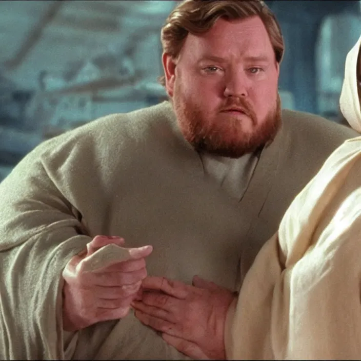 Prompt: obi wan kenobi but obese!! and overweight dressed as as princess leia, photoralistic rendering, movie still, screenshot, hyperdetailed