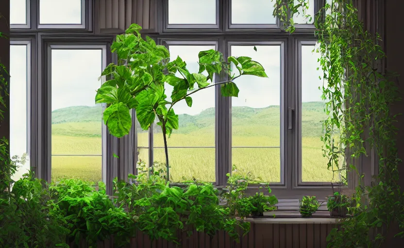 Prompt: photorealistic imagery of interior of house in vilalge, window, plants, cups, food, vegetable plant, field landscape