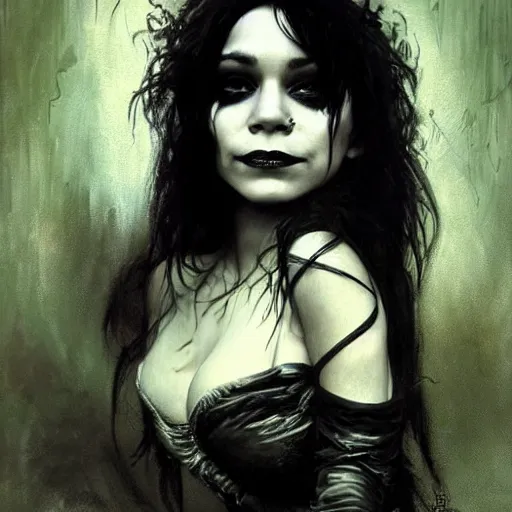 Image similar to beautiful portrait of vanessa hudgens as death from sandman, smiling, by cedric peyravernay, alphonse mucha, by jeremy mann, by lecouffe deharme, goth chic, soft lightning, eyeliner, punk rock, high detailed, 8 k