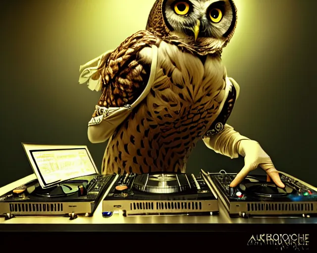 Image similar to anthropomorphic dj owl mixing on stage, diffuse lighting, fantasy, intricate, elegant, highly detailed, lifelike, photorealistic, digital painting, artstation, illustration, concept art, smooth, sharp focus, art by john collier and albert aublet and krenz cushart and artem demura and alphonse mucha