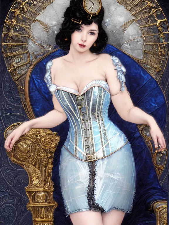 Prompt: portrait of a steampunk ice lady, elegant d - cup corset, pale white skin, sky - blue dress, robes, black jewerly, dark blue hair, sitting on ice throne, beautiful fractal ice background, ornamental, highly detailed, detailed face, smooth, sharp focus, digital painting, by artgerm and greg rutkowski and alphonse mucha
