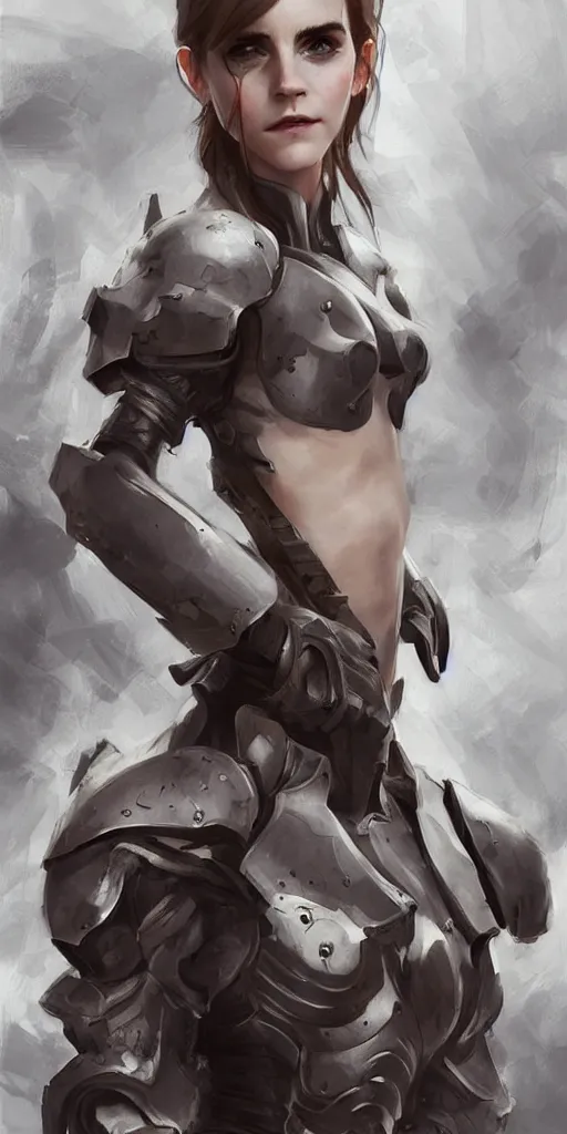 Image similar to fully body fashion model fantasy emma watson wearing military armor long dark hair beautiful bone structure symmetrical facial features intricate elegant digital painting concept art smooth sharp focus illustration from Metal Gear by Ruan Jia and Mandy Jurgens by Artgerm by William-Adolphe Bouguerea