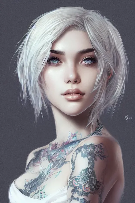 Image similar to teen girl, few speckle skin, tatoo, white hair, gorgeous, amazing, elegant, intricate, highly detailed, digital painting, artstation, concept art, sharp focus, illustration, art by Ross tran and kuvshinov