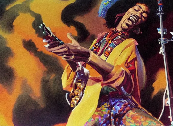 Prompt: jimi hendrix performing at woodstock illustrated by ralph mcquarrie