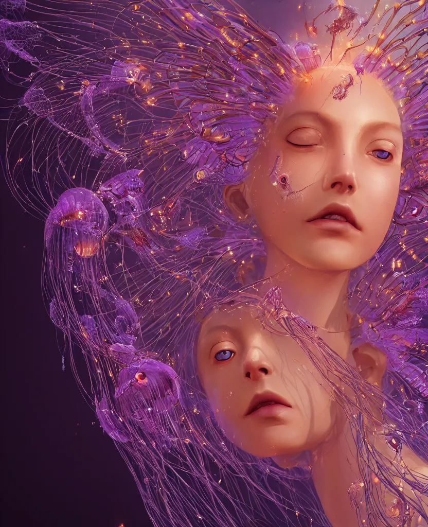 Prompt: close-up macro portrait of princess of dead. cybernetic jellyfish butterfly phoenix head. energy flows of water and fire, by Tooth Wu and wlop and beeple. a highly detailed epic cinematic concept art CG render digital painting artwork scene. By Greg Rutkowski, Ilya Kuvshinov, WLOP, Stanley Artgerm Lau, Ruan Jia and Fenghua Zhong, trending on ArtStation, made in Maya, Blender and Photoshop, octane render, excellent composition, cinematic dystopian brutalist atmosphere, dynamic dramatic cinematic lighting, aesthetic, very inspirational, arthouse