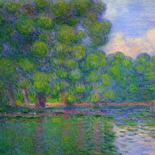 Prompt: impressionistic oil painting, monet, trees and river in the early evening, pastels