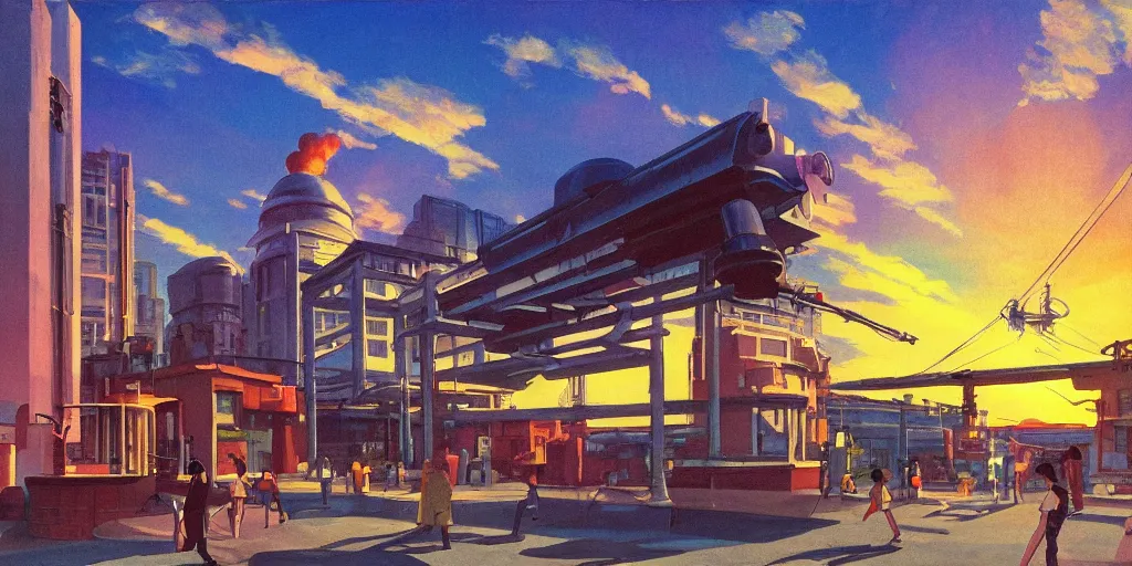 Image similar to fusion reactor, wonderous and magical, in an urban setting, sunset, by Studio Ghibli and Edward Hopper