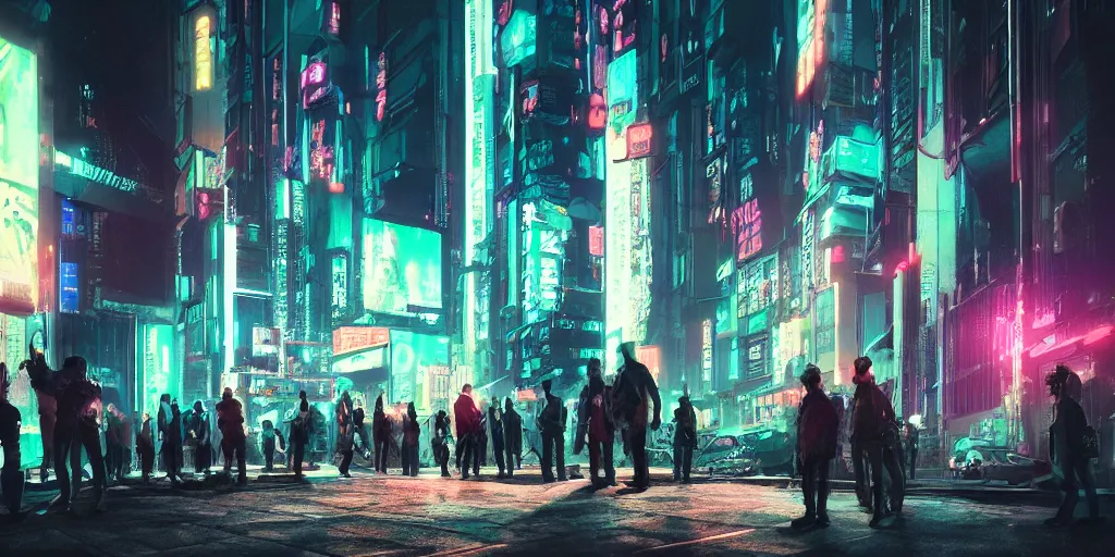 Image similar to a group of people standing outside of a building, cyberpunk art by liam wong, cgsociety, retrofuturism, glowing neon, neon, matte painting