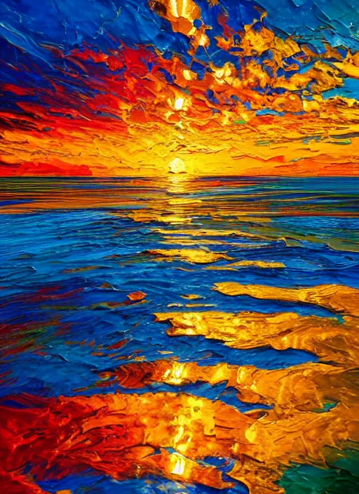 Prompt: an extremely impasto painting of thick brushstrokes in warm impressionist complimentary colors painting a reflective raytracing puddle sunset of golden palette knife streaks of golden melting sun shimmering with vibrant gradients of color, 4 k, water reflections, highly detailed