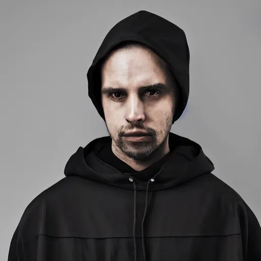 Prompt: portrait of a random man in a dark coat wearing black hooded and litre jacket, black oversized coat, black oversized pants, black oversized