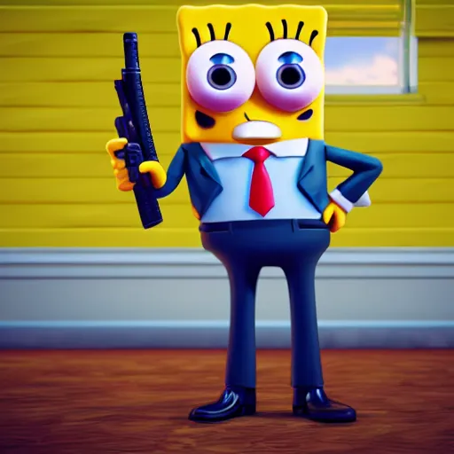 Image similar to cute spongebob in a suit while holding a gun, cartoon, digital art, 3 d rendered in octane, pixar character, blender, maya, shadows, lighting depth of view