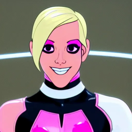 Image similar to A still of Gwenpool in Deadpool 3 (2023), blonde hair with pink highlights, no mask, white and light-pink outfit, smiling and winking at the camera