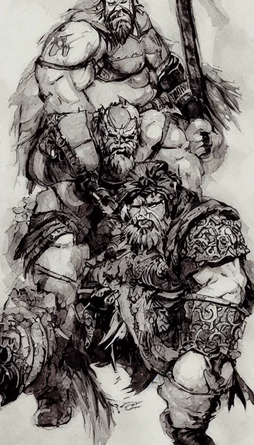 Image similar to Dwarf Barbarian, drawn by Yoji Shinkawa, water color, Dungeons and Dragons, Wizards of the Coast