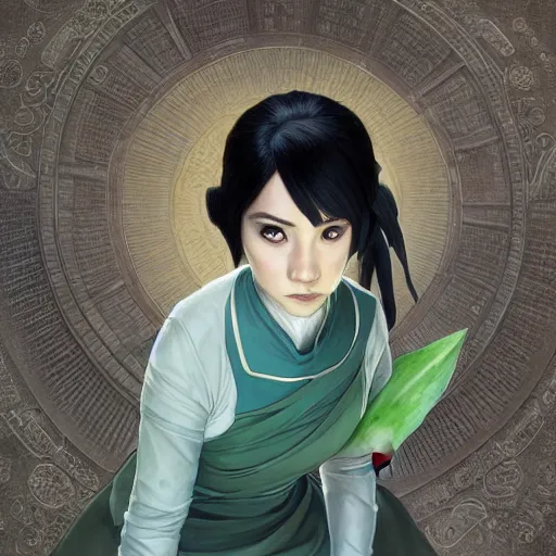 Image similar to Portrait of young Toph Beifong, blind, green dress, Avatar The Last Airbender, intricate, elegant, highly detailed, digital painting, artstation, concept art, smooth, sharp focus, illustration, art by artgerm and greg rutkowski and alphonse mucha and andrei riabovitchev