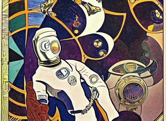 Image similar to an african man, dressed as an astronaut, well composed, clean, elegant painting, beautiful detailed face, comic book art by steve ditko and jack kirby and ( alphonse mucha )