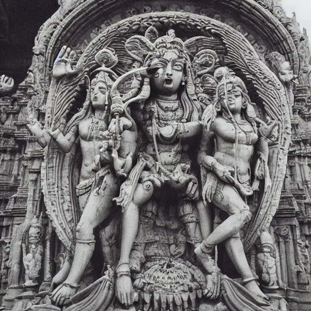 Prompt: sacred hindu flesh temple, shiva statue at the center, angel statue motives, 8 0's horror movie film still, highly detailed, symmetry, award - winning photography, 1 2 0 mm