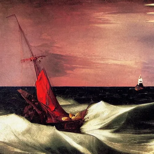 Prompt: A ship lost in a storm with a lighthouse in background, oil painting, Renaissance style, deep red background, by Caravaggio