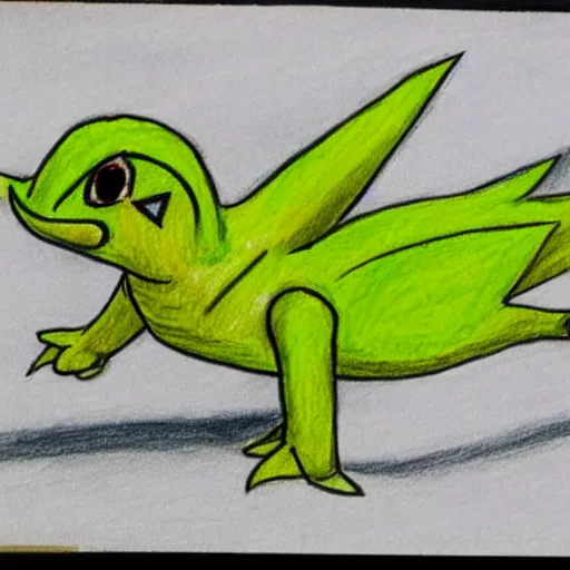 Image similar to a children's drawing of snivy, crayon, paper