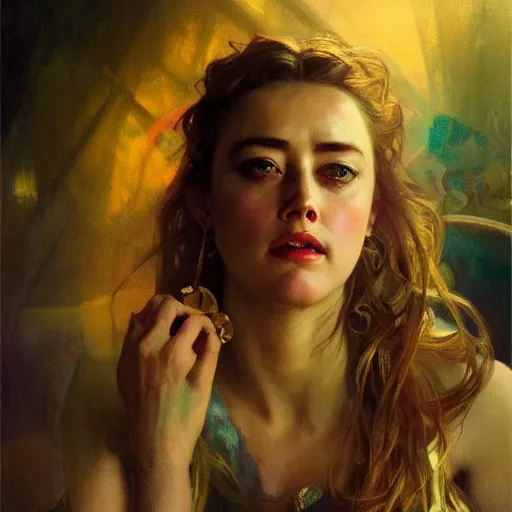 Prompt: hyperrealistic portrait of a woman as amber heard dining in hell by jeremy mann and alphonse mucha, fantasy art, photo realistic, dynamic lighting, artstation, poster, volumetric lighting, very detailed faces, 4 k, award winning