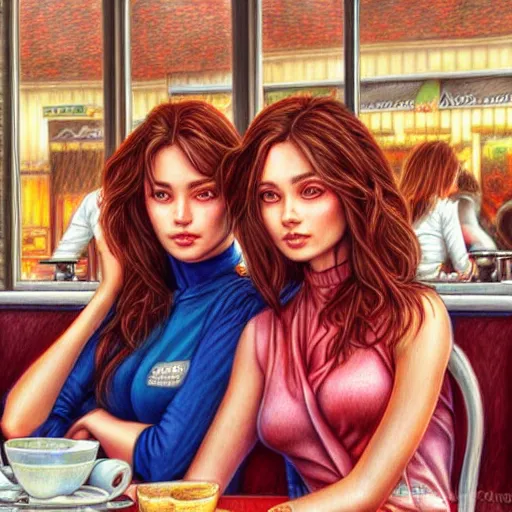 Image similar to French sisters in a café posing for the camera. insanely and epically detailed supreme-quality color pencil artwork, amazingly composed image, epic pencil illustration by Artgerm and Stanley Law.