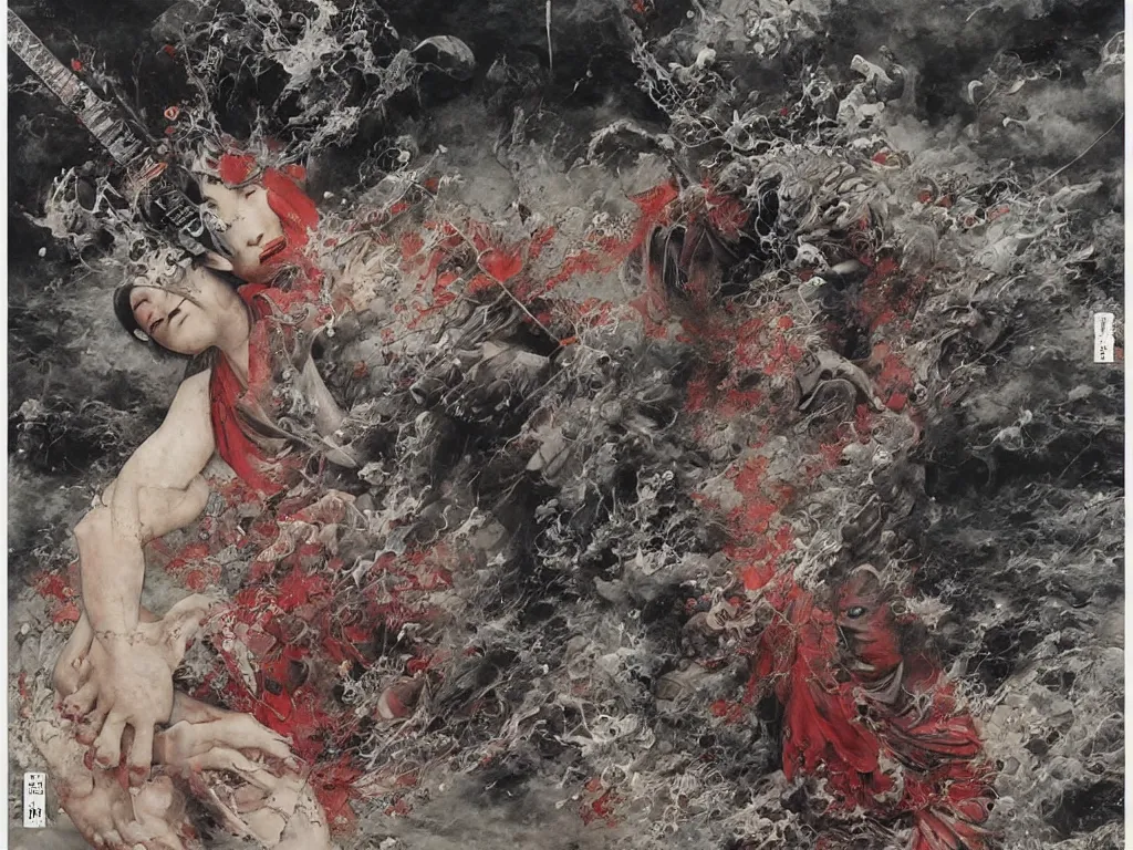 Image similar to Japanese schoolgirl runs away from Samurai with a katana on the subway, high detailed Beksinski painting, part by Adrian Ghenie and Gerhard Richter. art by Takato Yamamoto. masterpiece