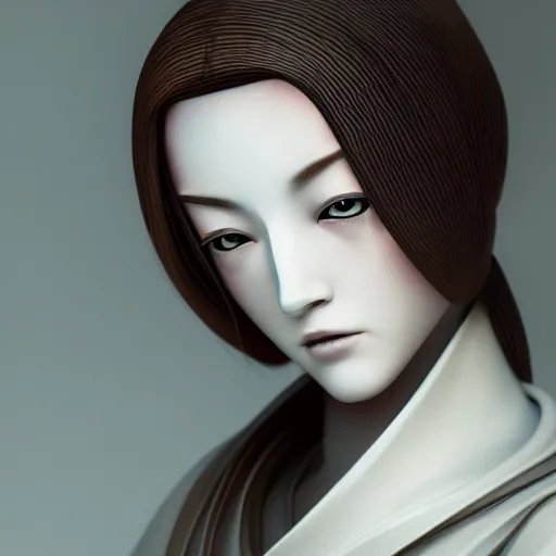 Image similar to an eerie but beautiful and feminine looking android, white mask and blue eyes, japanese geisha style, by Ash Thorp, 8k, octane render, highly detailed, moody, atmospheric