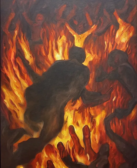 Prompt: human in hell, oil painting in the style of gullvag