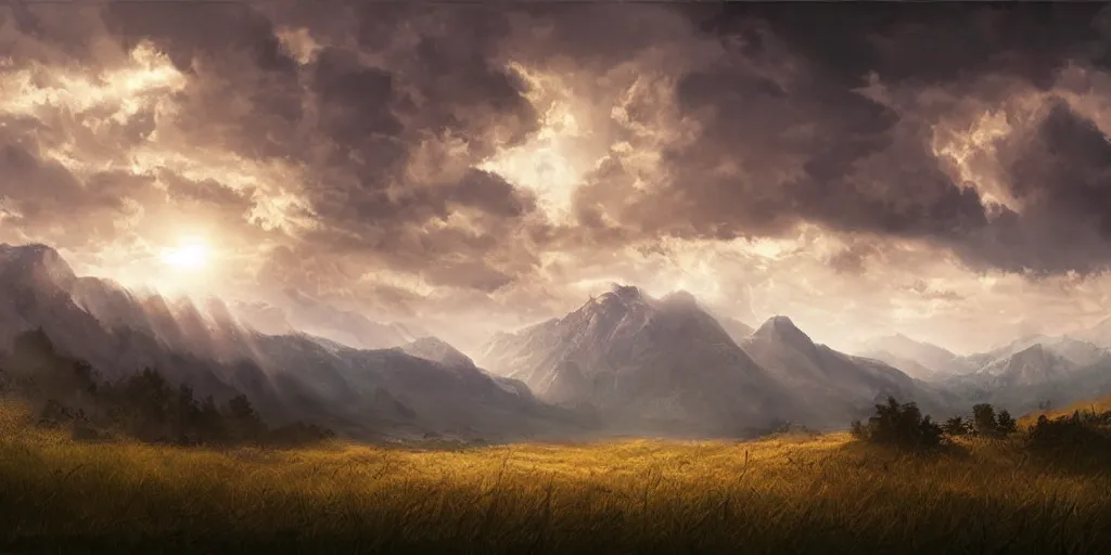 Prompt: a cinematic landscape view looking at an open field, mountains in the distance, the sun shines through the parted clouds, digital painting, fantasy, art by alexandre mahboubi and christophe oliver