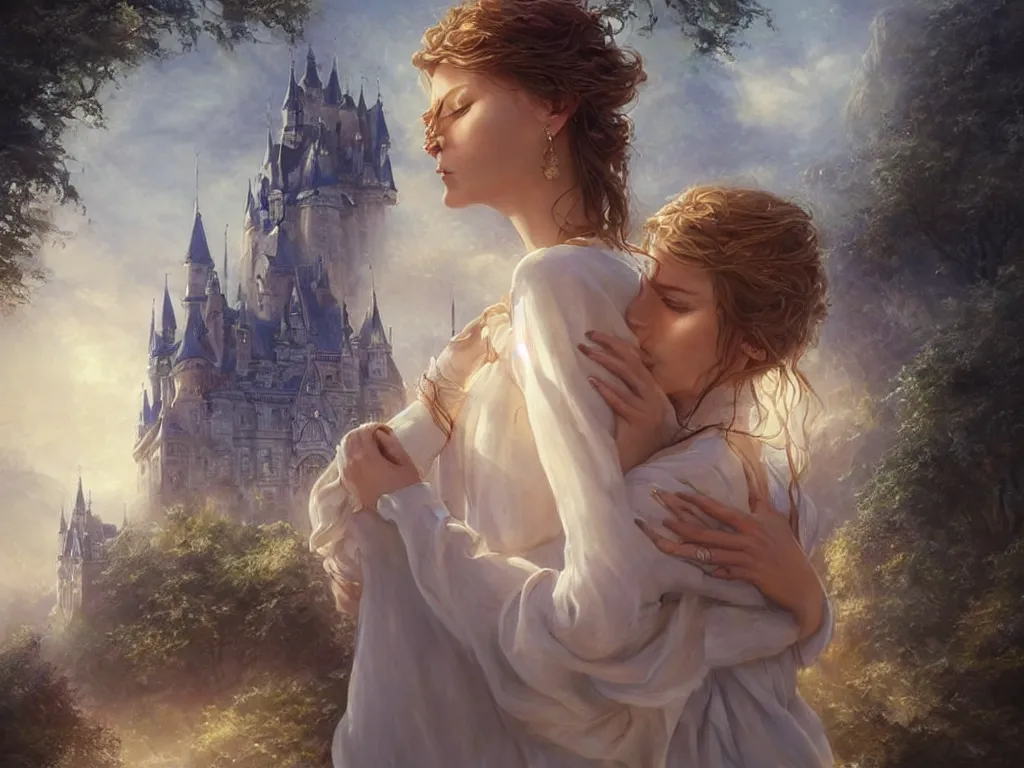 Image similar to beautiful woman in a white blouse hugging an prince, goddess, blurry castle backround, sunny, fine art, awesome fantasy book cover on Pinterest, award winning, dark fantasy landscape, fantasy magic, intricate, elegant, sharp focus, cinematic lighting, highly detailed, digital painting, concept art, art by WLOP and Artgerm and Greg Rutkowski, masterpiece, trending on artstation, 8K