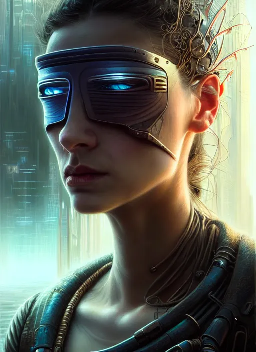 Image similar to closeup portrait shot of a cyberpunk female in a scenic dystopian environment, intricate, elegant, highly detailed, centered, digital painting, artstation, concept art, smooth, sharp focus, illustration, artgerm, tomasz alen kopera, peter mohrbacher, donato giancola, joseph christian leyendecker, wlop, boris vallejo