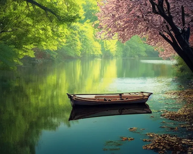 Image similar to one single short small wooden boat in a very narrow river, trees, shady, ripples, reflections. A boy and a girl are standing in the boat. Romantic. Sakura trees and green trees. By Makoto Shinkai, Stanley Artgerm Lau, WLOP, Rossdraws, James Jean, Andrei Riabovitchev, Marc Simonetti, krenz cushart, Sakimichan, trending on ArtStation, digital art.