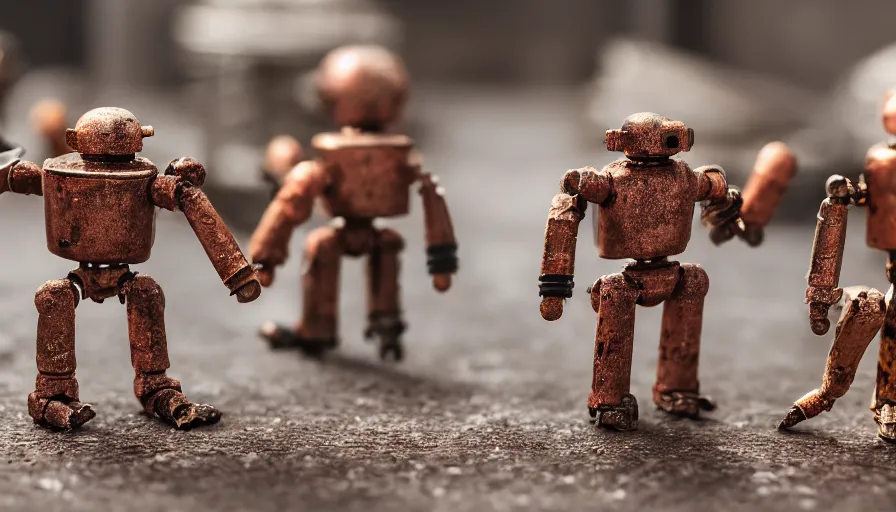 Prompt: miniture figurines of the rusty robots on an old metal table, HD 8K, depth of field, fstop 1.2, bokeh, dynamic lighting, 50mm lens