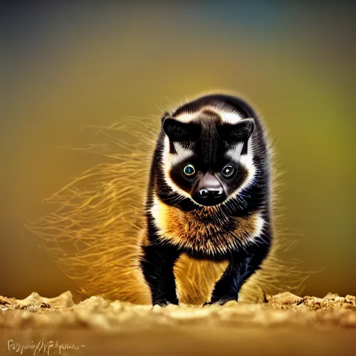 Image similar to a feline honeybadger - cat - hybrid with a beak, animal photography, wildlife photo, award winning