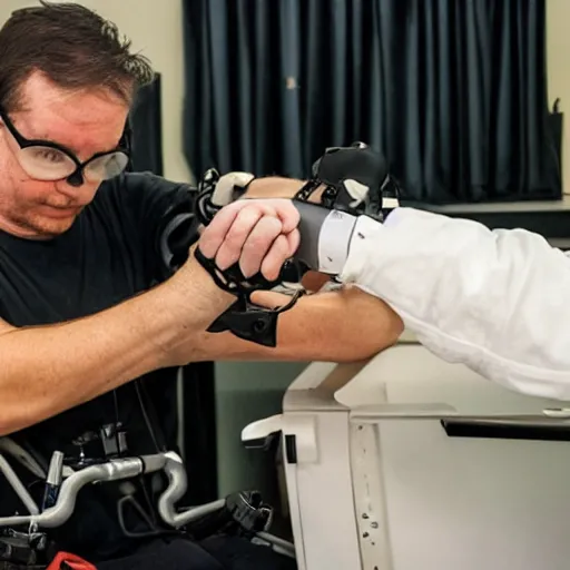 Prompt: Amputee being fitted with a cyborg arm, 2033, Award Winning Photo, 35mm film, transhumanist