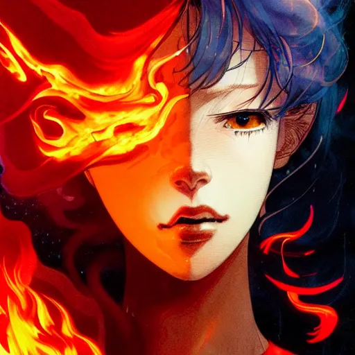 Image similar to prompt : flames and lightnings portrait soft light painted by james jean and katsuhiro otomo and erik jones, inspired by evangeleon anime, smooth face feature, intricate oil painting, high detail illustration, sharp high detail, manga and anime 1 9 9 9