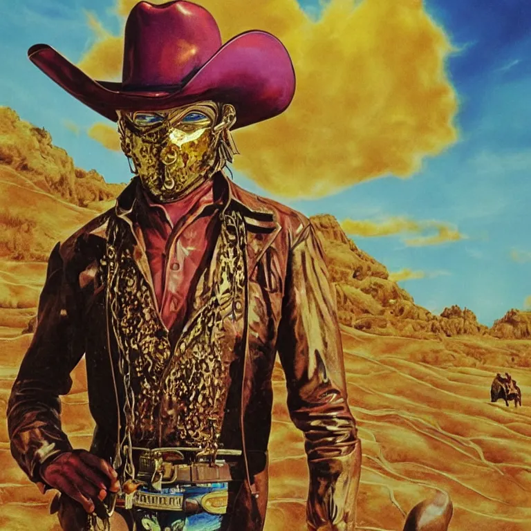 Image similar to 1 9 8 0's spaghetti western film octane render portrait by wayne barlow and carlo crivelli and glenn fabry, a person wearing a shiny colorful iridescent latex suit and mask and cowboy hat covered in liquid gold, standing in a colorful scenic western landscape with multicolored clouds, cinema 4 d, ray traced lighting, very short depth of field, bokeh
